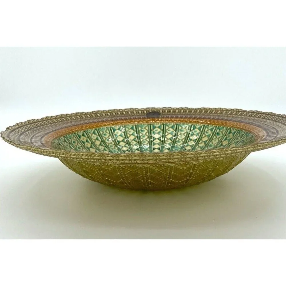 Turkish Glass Round Bowl Dinner Display Gold Lace Print 13.75